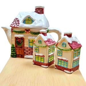Vtg Houston Harvest Christmas Cottage Teapot Salt & Pepper Shaker Set 3pc